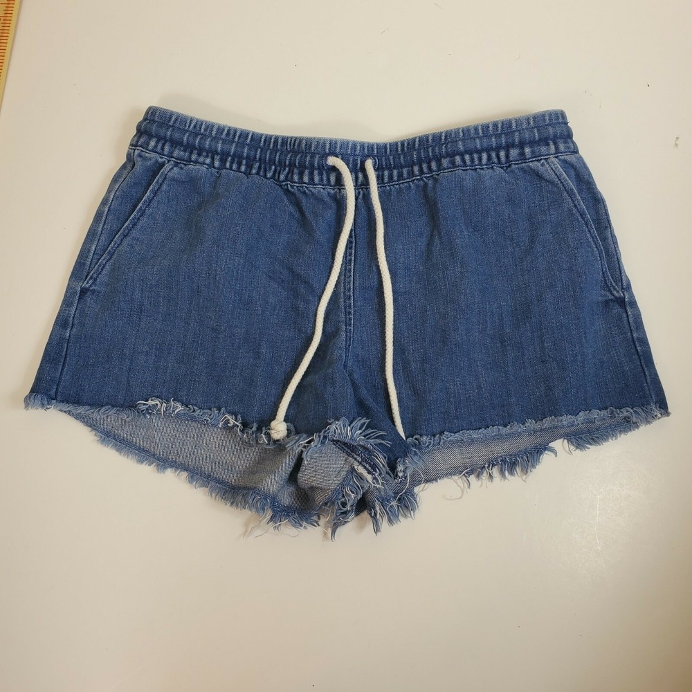 aerie Chambray Shorts Elastic Waist Draw String Small Frayed Cut off